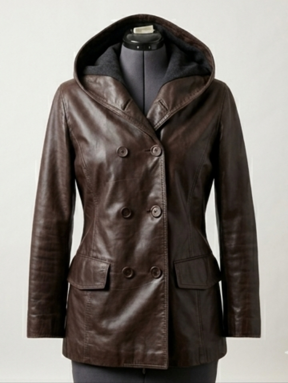 ​M0851 Dark Brown Leather Hooded Coat Jacket Size 10, Minimalist Luxury,